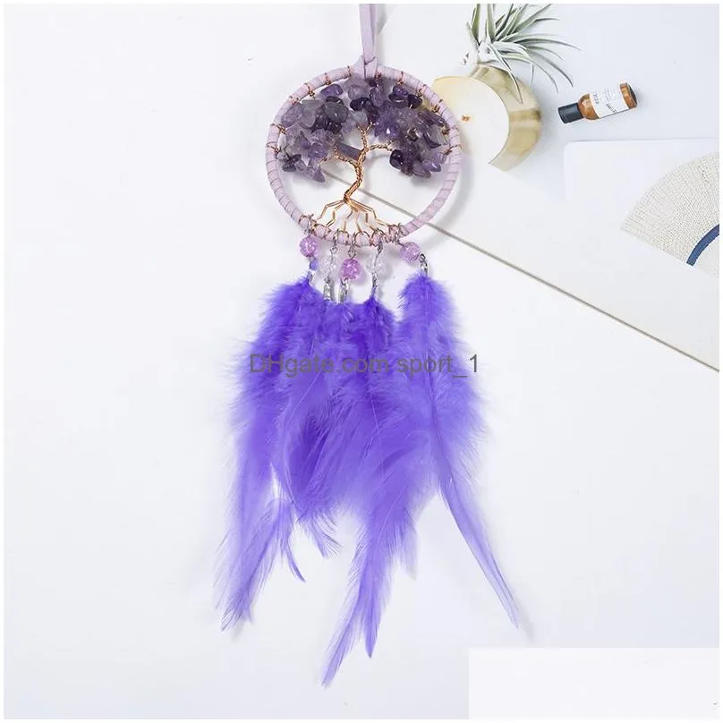 crystal gravel life tree dreamcatcher pendant woven feather tassels dream catcher home decoration