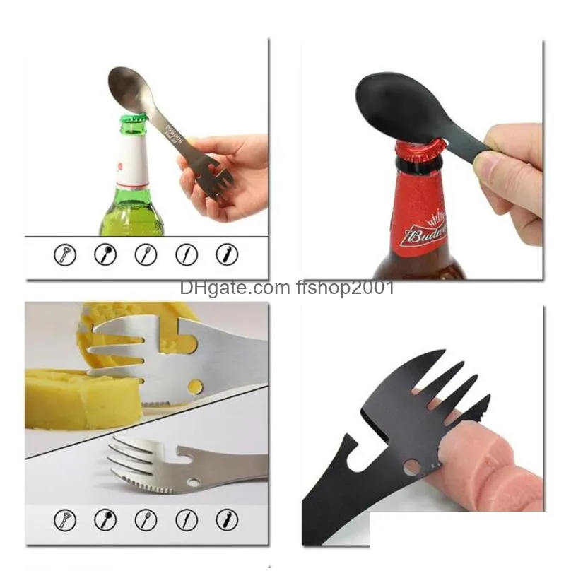outdoor portable multifunctional tableware stainless steel spoon 5 in 1 beer bottle opener household can openers cutlery set