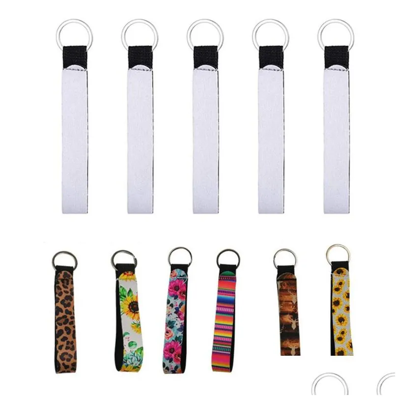 sublimation blank long keychain pendant keyring heat transfer neoprene white wrist band key chain diy gift