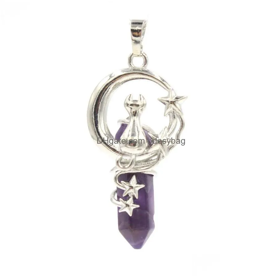 crystal hexagram star moon cat pillar charms pendants natural stone amethyst rose quartz pointed reiki chakra dangle beads jewelry