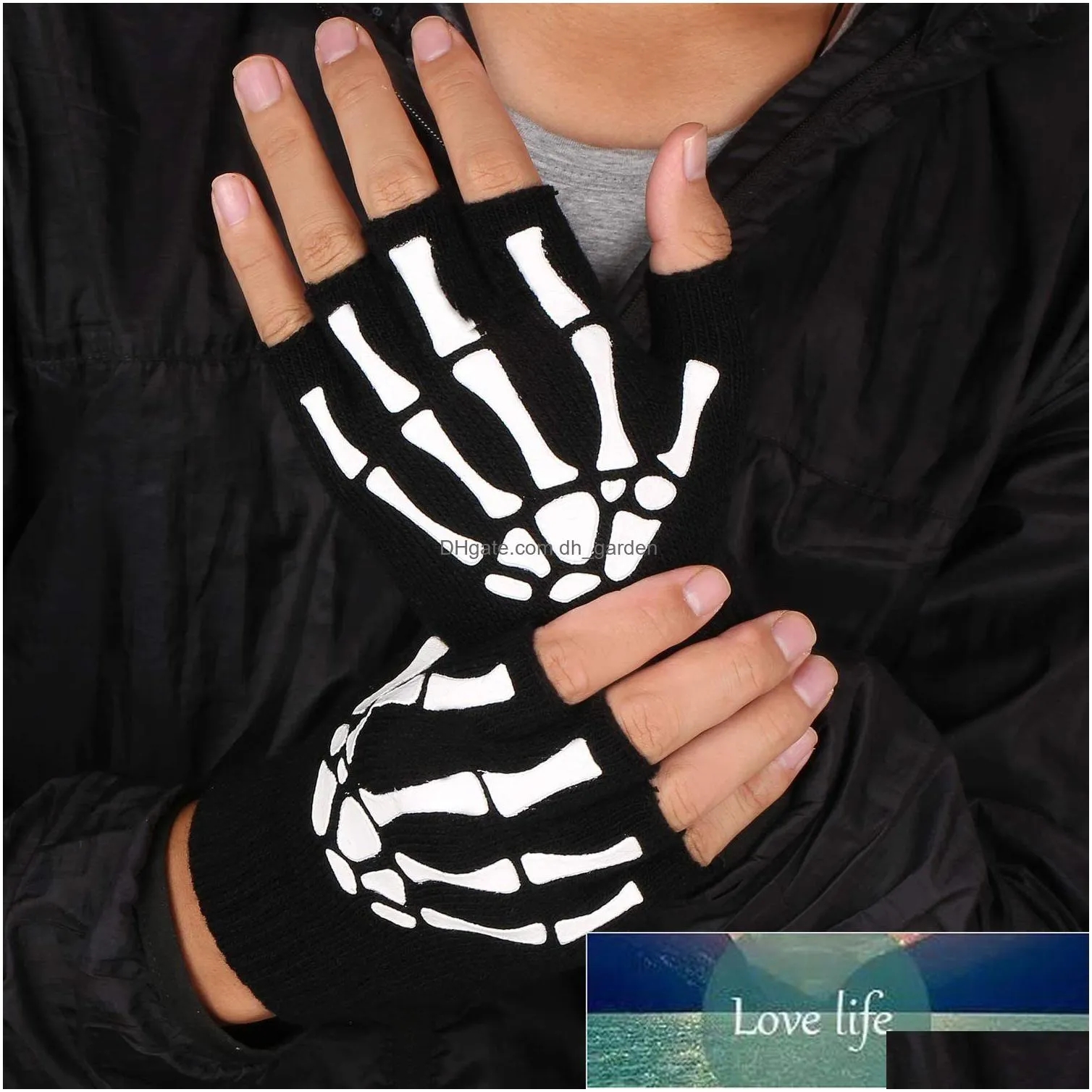 uni adult halloween skeleton skull half finger gloves glow in the dark fingerless stretch knitted winter mittens factory price expert design quality