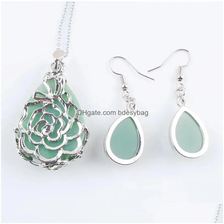 classic love gift summer beach jewelry set teardrop natural aventurine stone pendants necklace hook dangle drop earring q3072