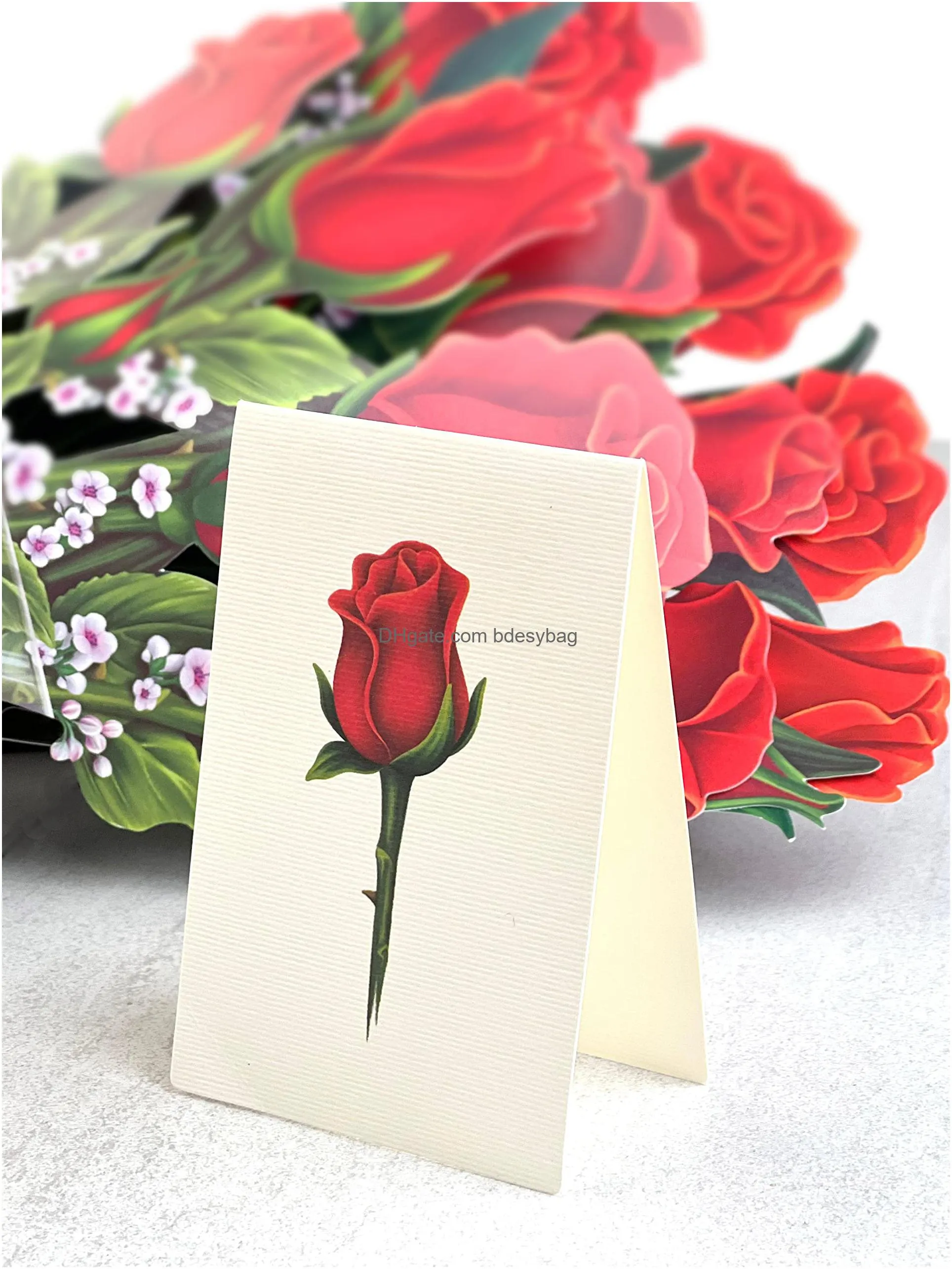  up cards red roses 12 inch life sized forever flower bouquet 3d popup paper flower anniversary greeting cards with note card and envelope