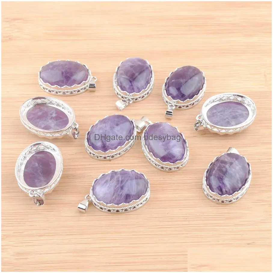 natural raw gem stone amethyst pendants oval shape bead purple crystal n3339