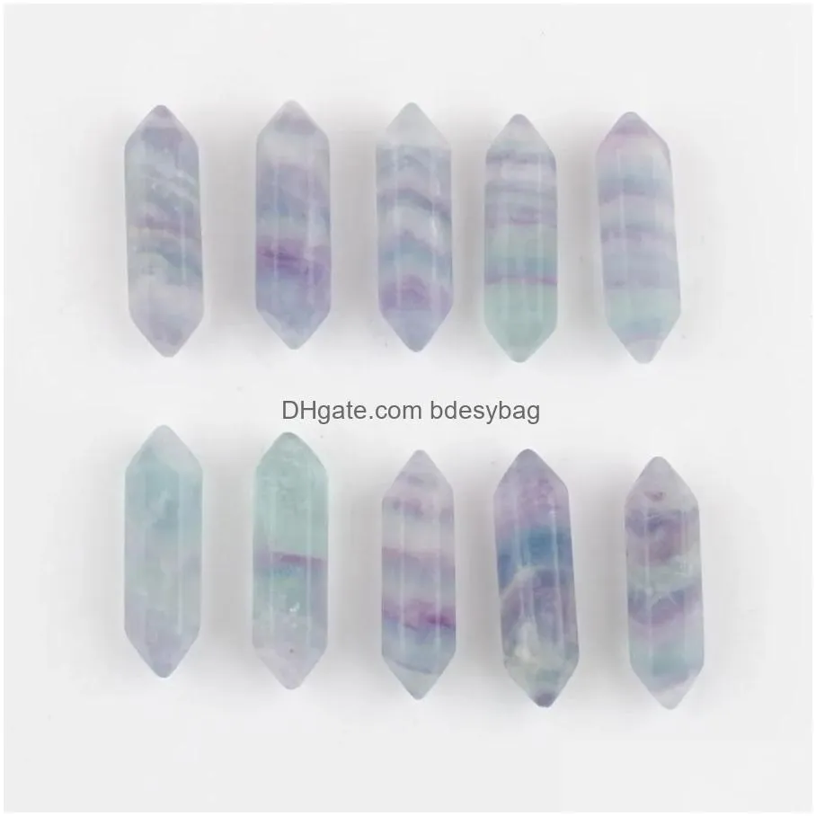 wholesale natural loose gemstones flourite hexagonal healing pointed reiki chakra no hole pendant beads jewelry 30x8mm u3379