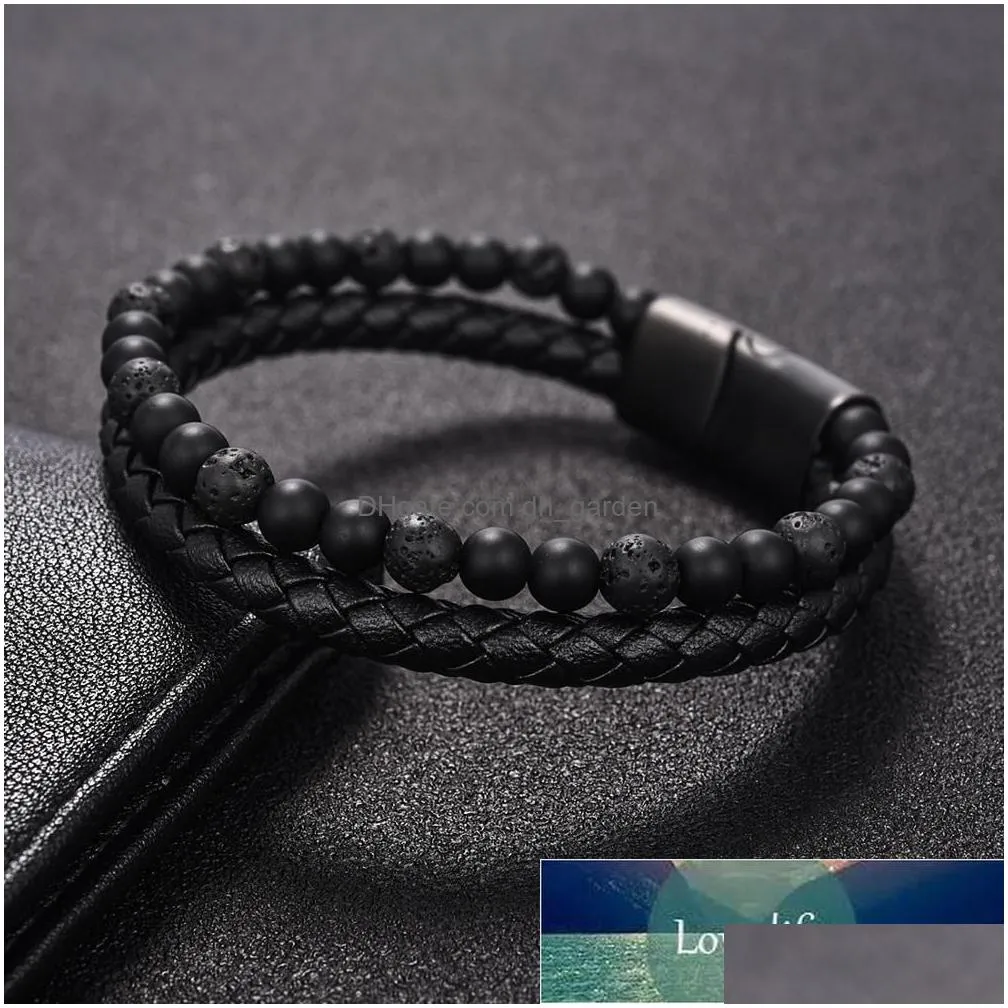 men bracelet natural stone genuine leather bracelet stainless steel magnetic clasp tiger eye beaded bangles fashion punk jewelry factory price expert
