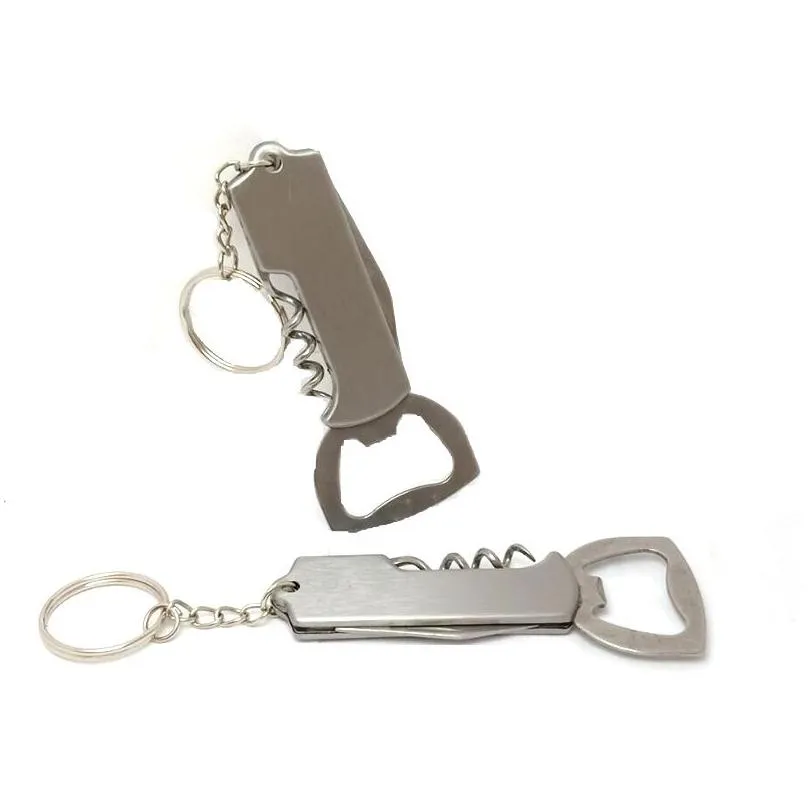 stainless steel bottle opener keychains multifunctional folding knife keychain home kitchen tool screw corkscrew