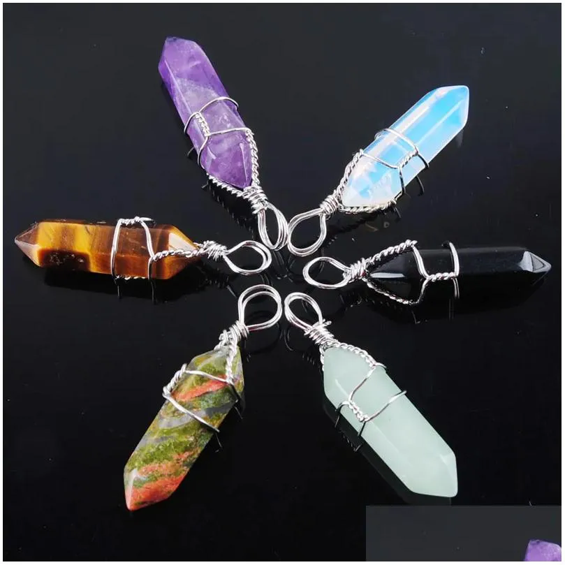 natural gem stone beads pendant hexagonal pointed reiki chakra wire wrapped charm jewelry bn306