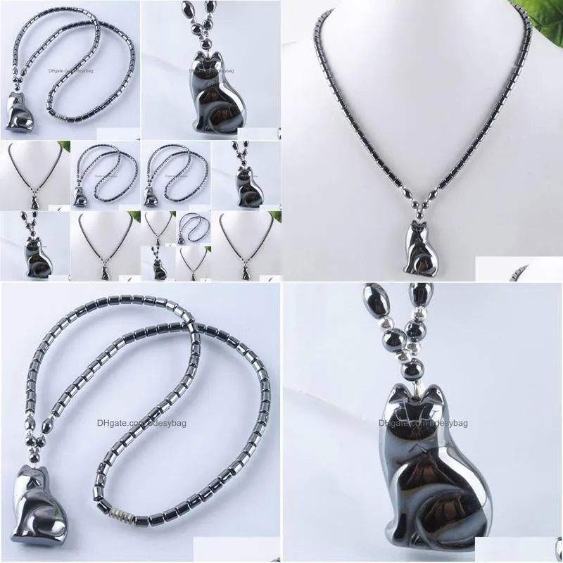 black non magnetic cat pendant necklace natural hematite stone beads strand 18 length fashion jewelry gift f3036