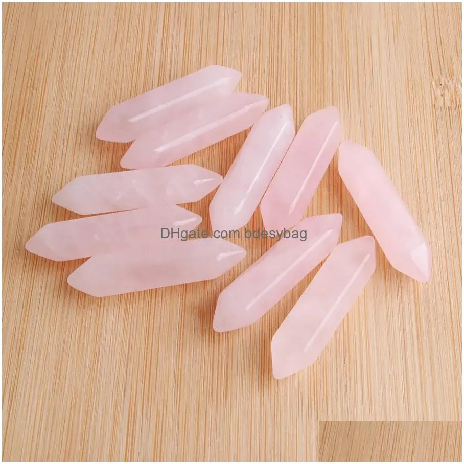 wholesale loose gemstones hexagonal healing pointed reiki chakra natural rose quartz stone 30x8mm no drilling hole pendant beads u3307