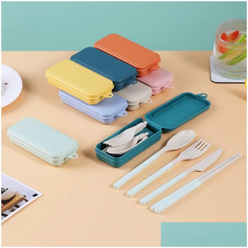 wheat straw tableware set portable folding tablewares cutlery knife fork spoon chopsticks detachable with storage box 8 colors