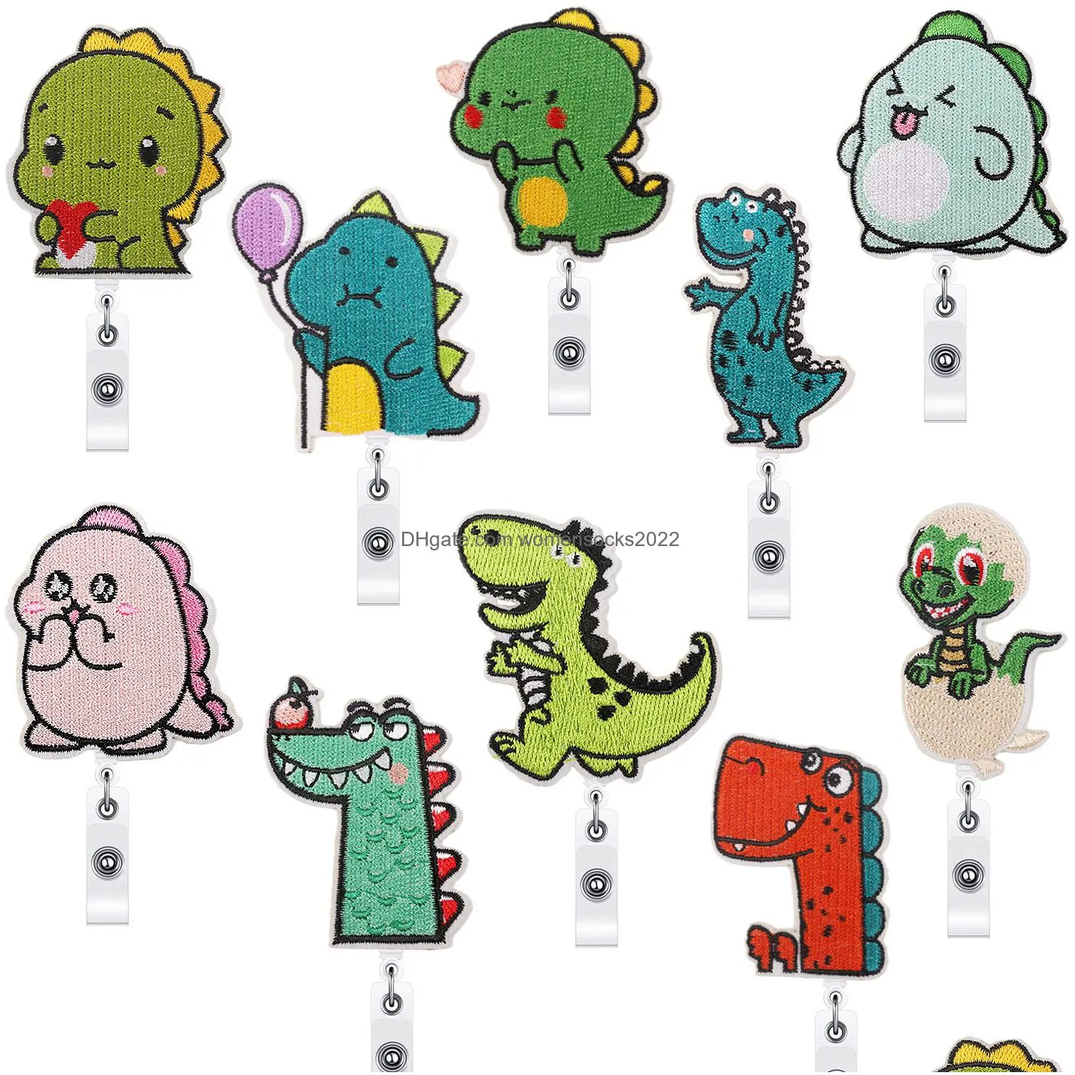 notions dinosaur emboridered retractable badge reels holder with alloy alligator clip cute cartoon animal id card decorative badge name tag