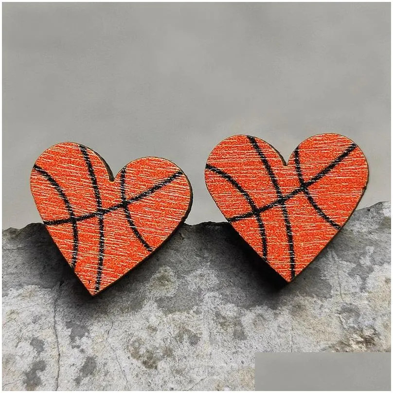 heart sports baseball stud earrings rugby football basketball wooden stud fashion accessories