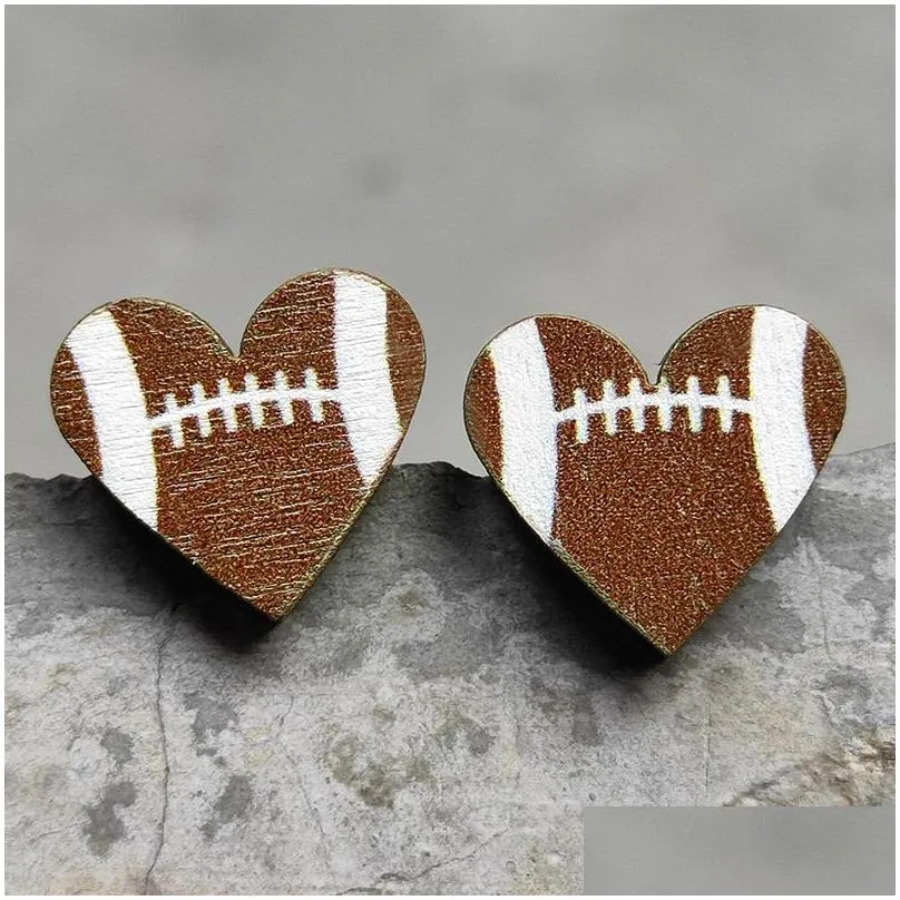 heart sports baseball stud earrings rugby football basketball wooden stud fashion accessories