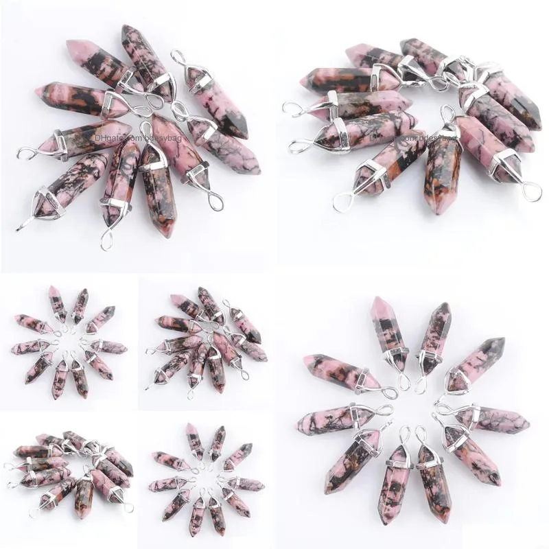 rhodonite pendants natural stone crystal pillar shape pendulum for necklace hexagonal point reiki jewellery gifts n3034