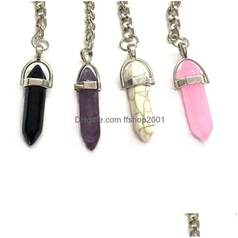 natural crystal stone keychain pendant hexagonal column gemstone key chain luggage decoration keyring fashion accessories