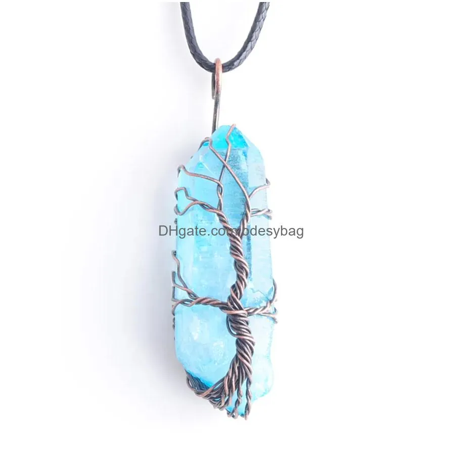 natural blue crystal pillar pendants handmade antique copper wire wrapped tree of life for necklace jewelry n3749