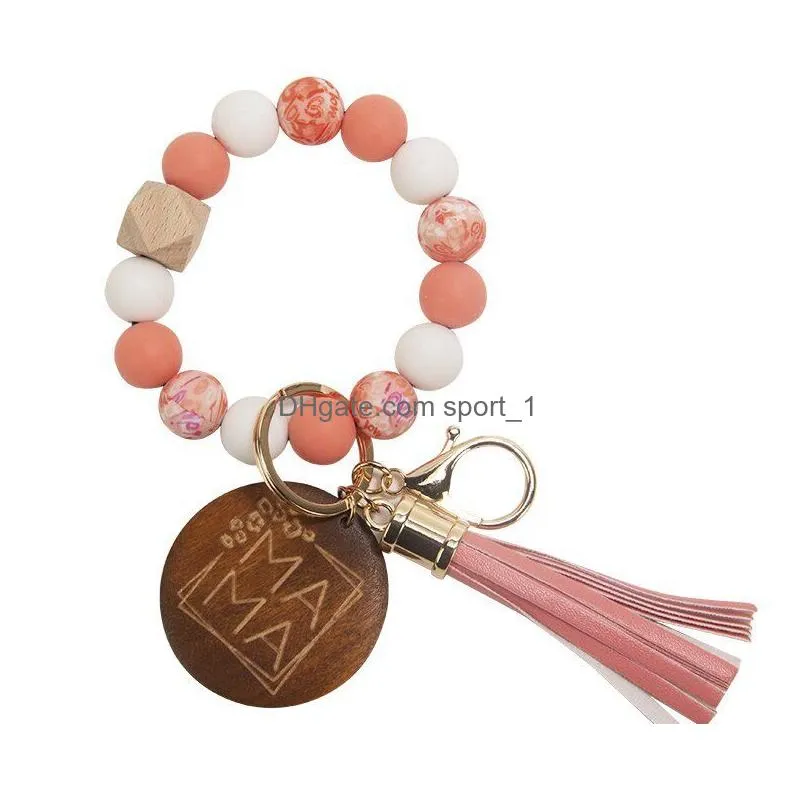 mothers day gift silicone beaded bracelet keychain with mama chip leather tassel bracelet keyring key chains