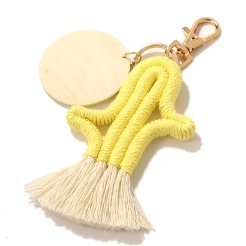 creative cactus tassel keychain pendant diy wood chip braided woven keychain luggage decoration key chain keyring