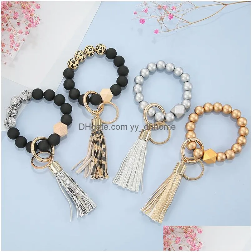 frosted wooden beaded keychain leopard tassel keychains pendant ladies wrist bracelet key chain fashion jewelry keyring