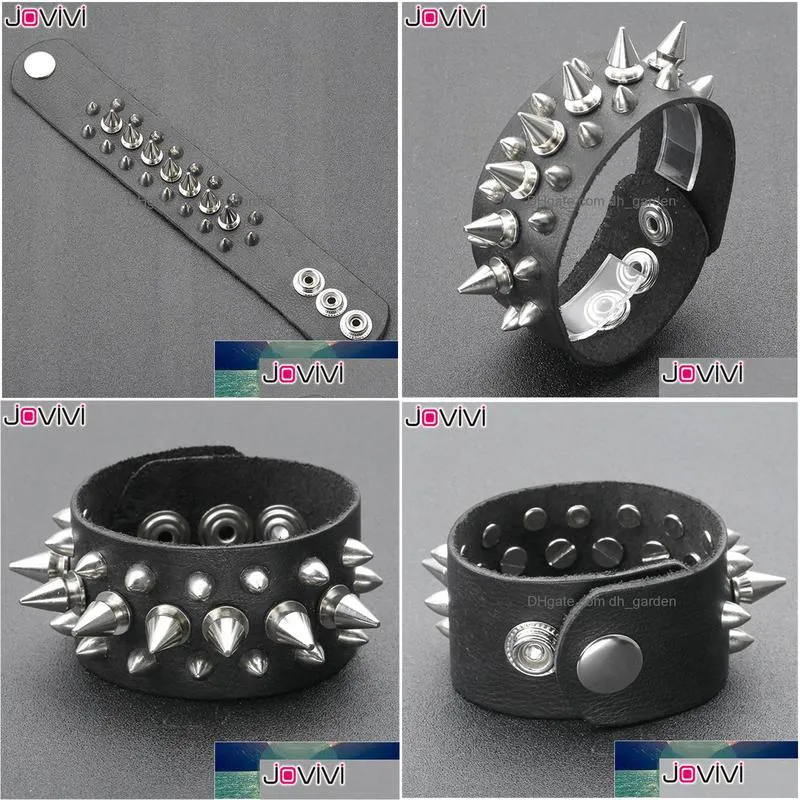 jovivi wide genuine leather spike studded rivet biker skull bangle cuff bracelet punk rock black adjustable wristband 6.68inch factory price expert design