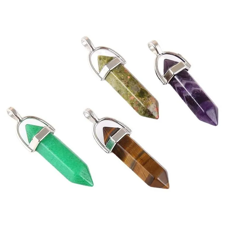 natural crystal stone pendant party favor diy hexagonal column necklace fashion jewelry accessories 8x32mm