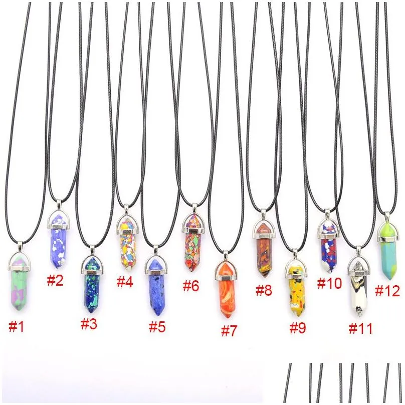 natural crystal stone pendant necklace hand carved creative hexagonal column gemstone necklaces fashion accessory with chain