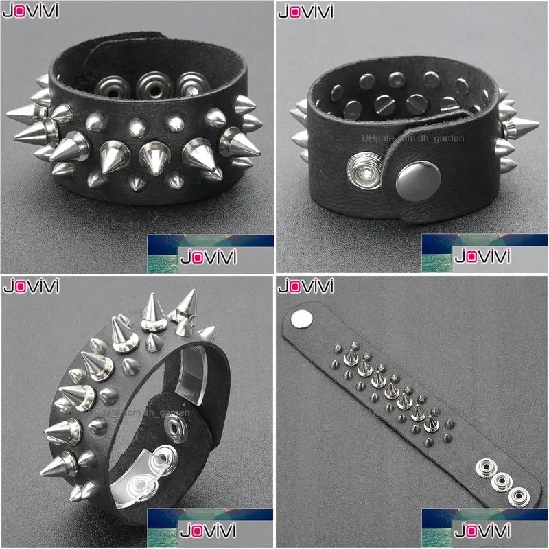 jovivi wide genuine leather spike studded rivet biker skull bangle cuff bracelet punk rock black adjustable wristband 6.68inch factory price expert design