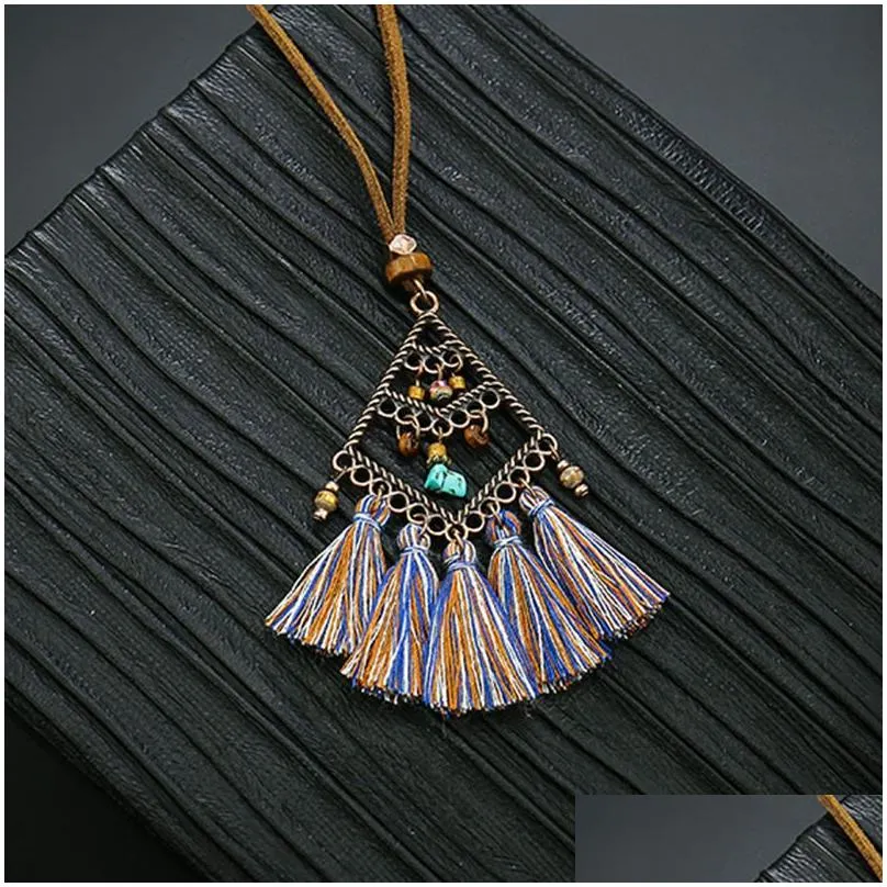 bohemian tassel pendant necklaces shell crystal decorative vintage geometric necklace