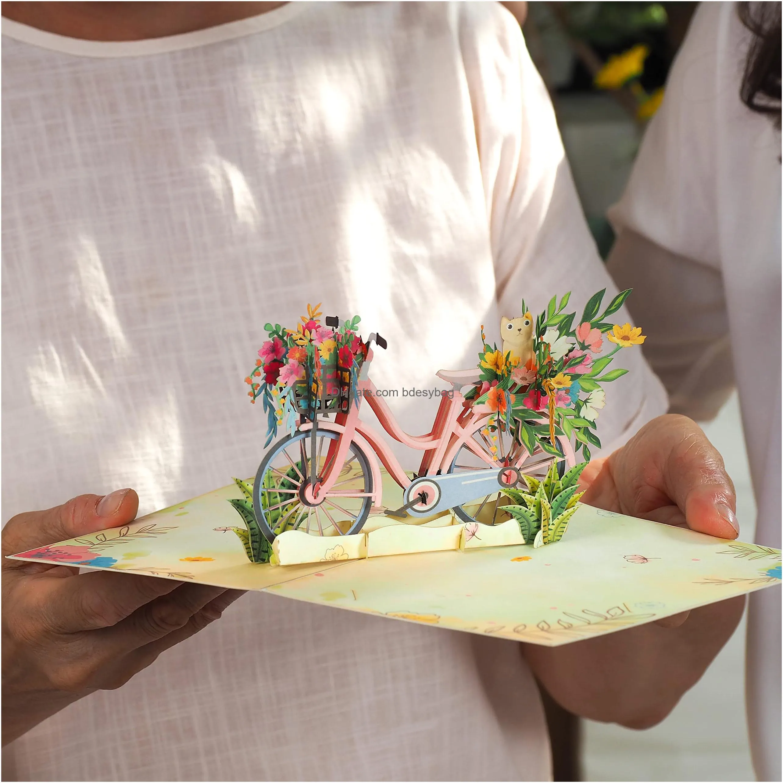 3d  up card spring flower bike for mothers day all occasions 5 x 7 cover includes envelope and note tag