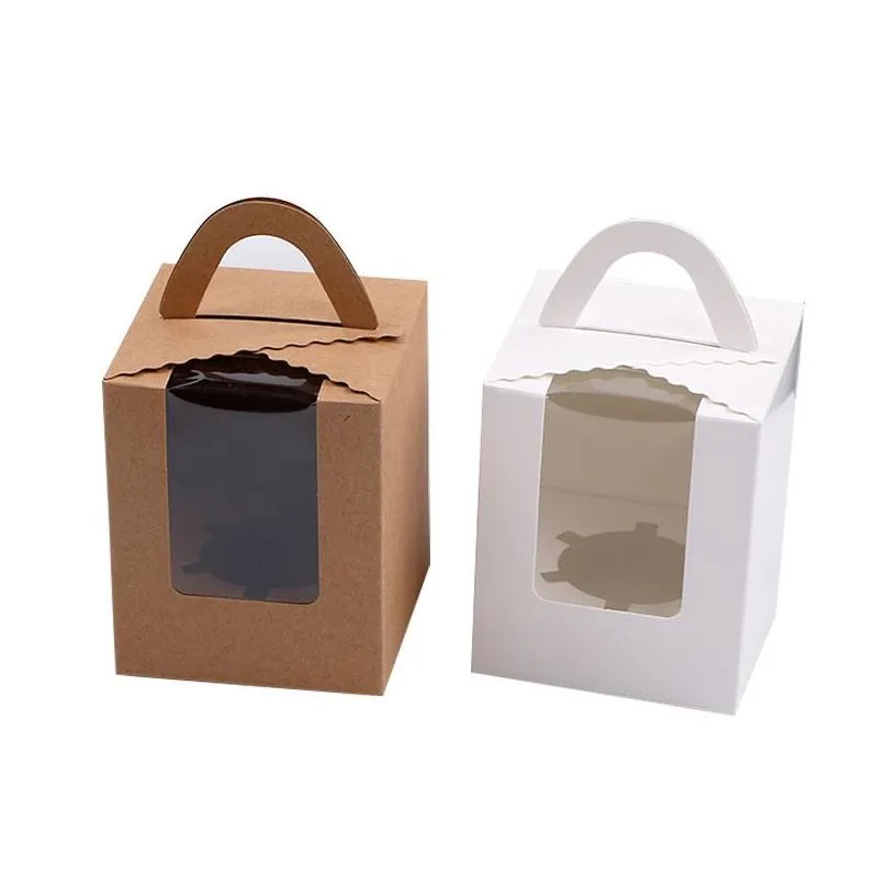 portable cake box gift wrap transparent window solid color folding packaging boxes kraft paper pastry baking supplies