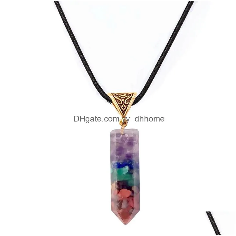 natural gravel hexagonal column necklace seven chakras crystal stone pendant necklaces yoga reiki healing fashion gift