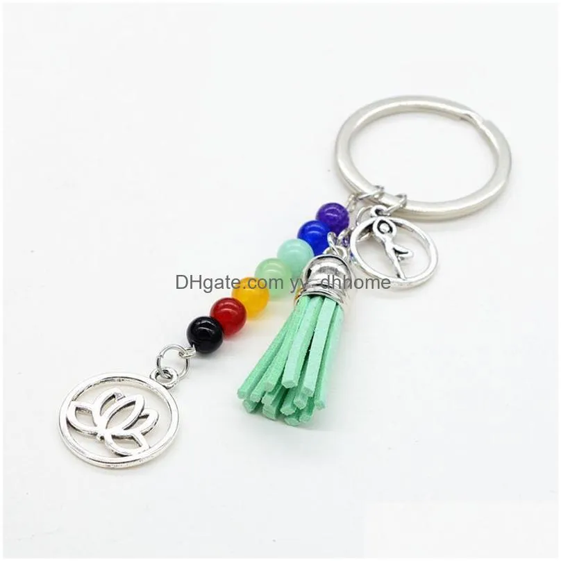 colorful chakra stone tassel keychain pendant lotus reiki healing yoga natural gemstone beaded keychain creative keyring gift