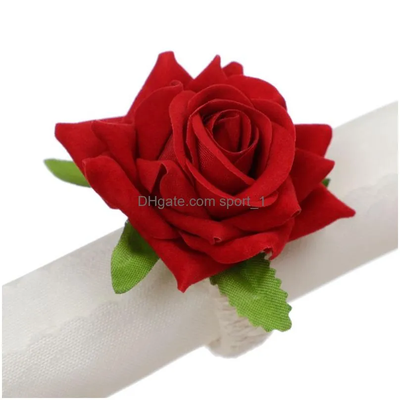 valentines day rose flower napkin ring romantic simulation champagne napkin buckle creative hemp rope braided table decoration