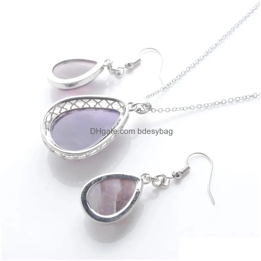 dangle pendant earrings fashion jewelry set for women natural teardrop amethyst rose quartz opal stone bead chain necklace 45cm bq311