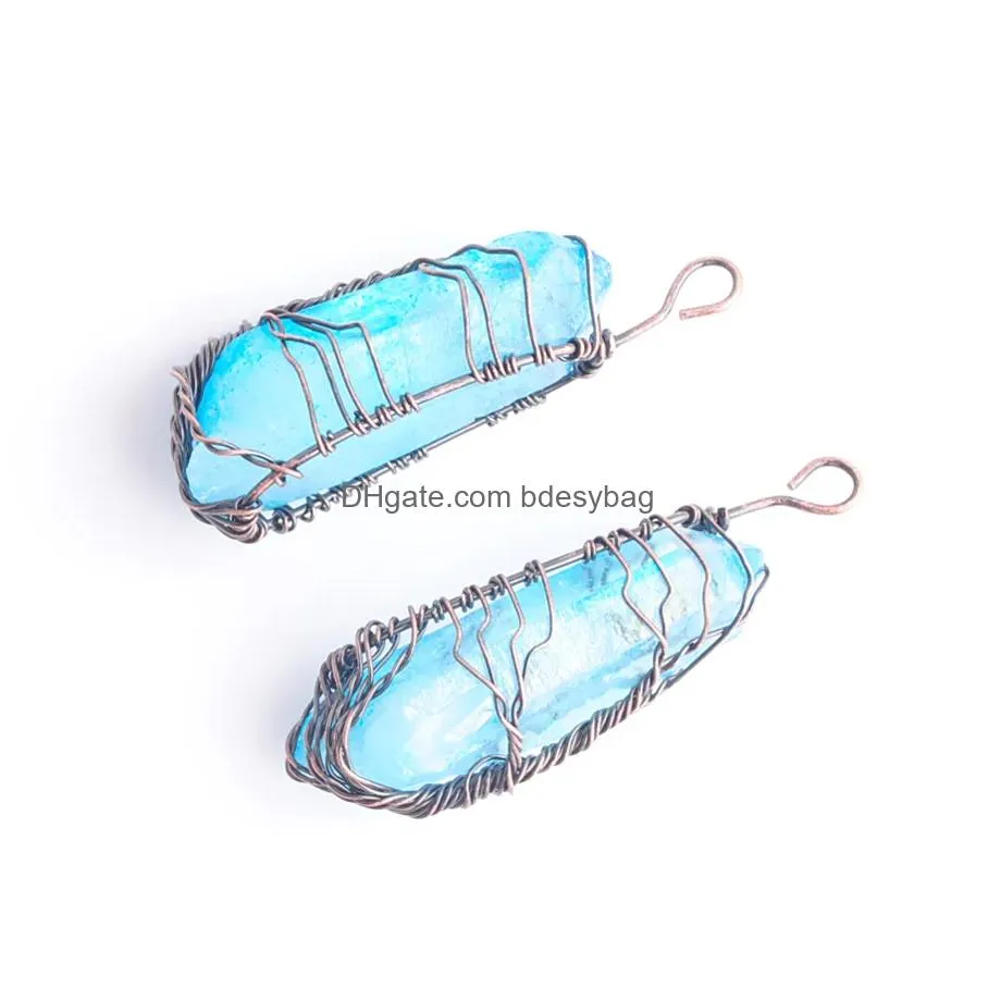 natural blue crystal pillar pendants handmade antique copper wire wrapped tree of life for necklace jewelry n3749