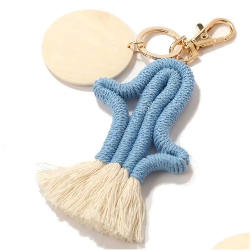 creative cactus tassel keychain pendant diy wood chip braided woven keychain luggage decoration key chain keyring