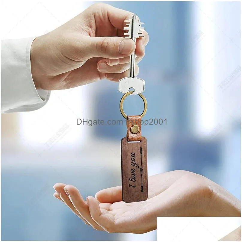 personalized leather keychain pendant beech wood carving keychains luggage decoration key ring diy thanksgiving holiday gift