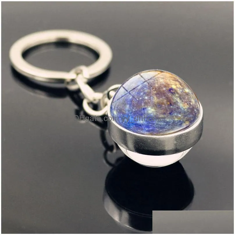 solar system double sided glass ball keychain pendant moon earth mars key chain car bag decoration metal keyring