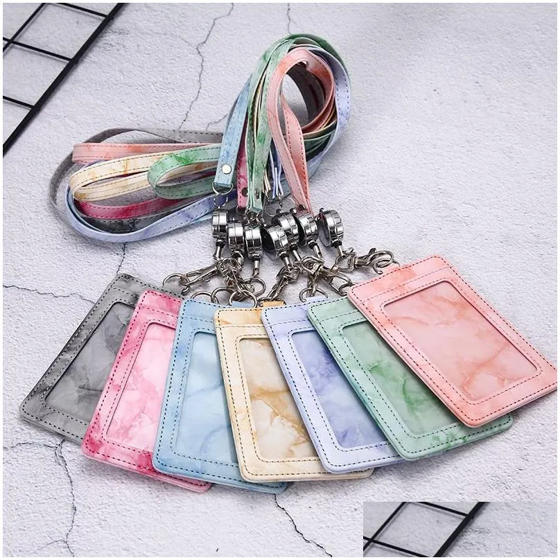 pu leather work card lanyards keychain retractable marble pattern id card sleeve