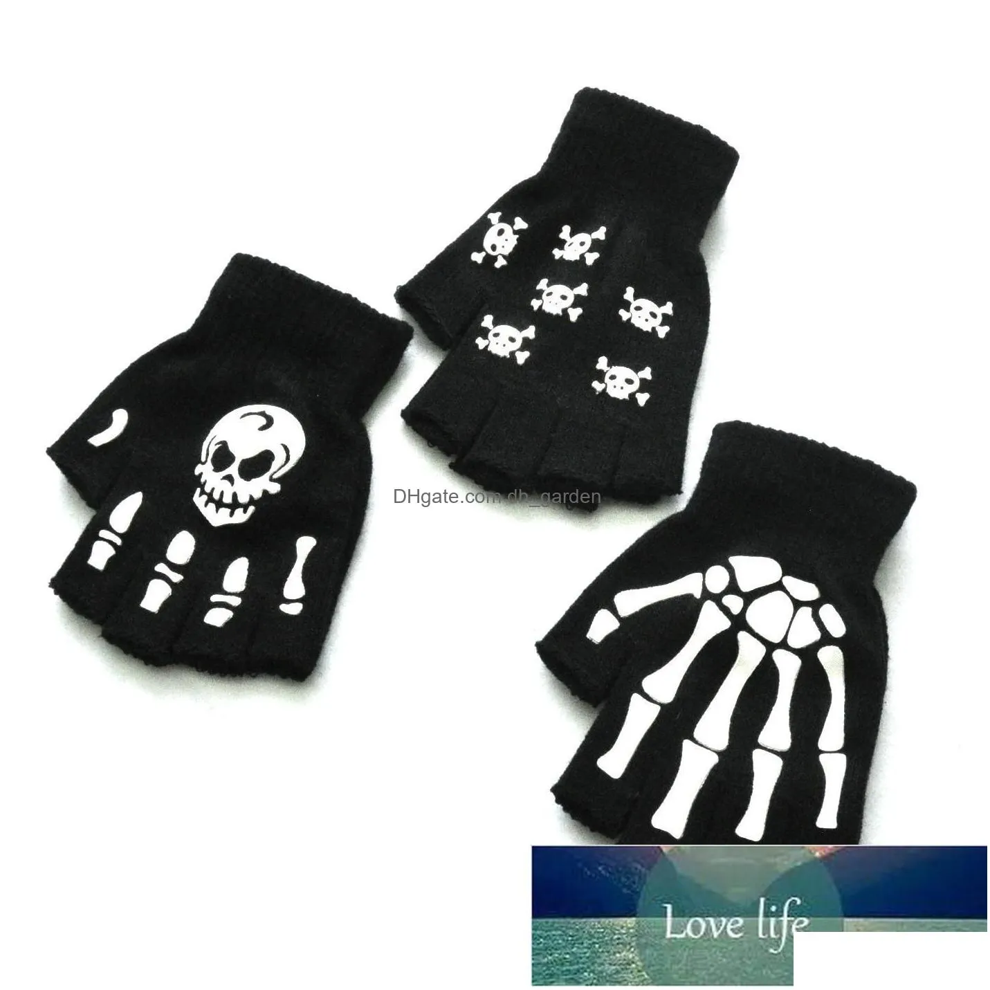 uni adult halloween skeleton skull half finger gloves glow in the dark fingerless stretch knitted winter mittens factory price expert design quality