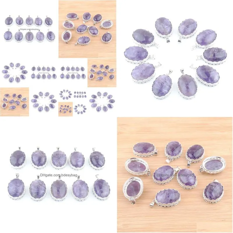 natural raw gem stone amethyst pendants oval shape bead purple crystal n3339