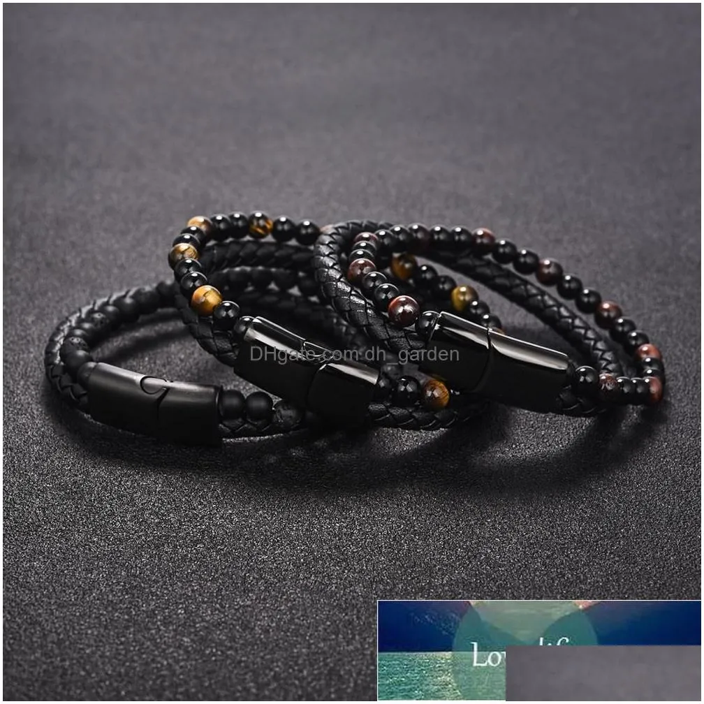 men bracelet natural stone genuine leather bracelet stainless steel magnetic clasp tiger eye beaded bangles fashion punk jewelry factory price expert