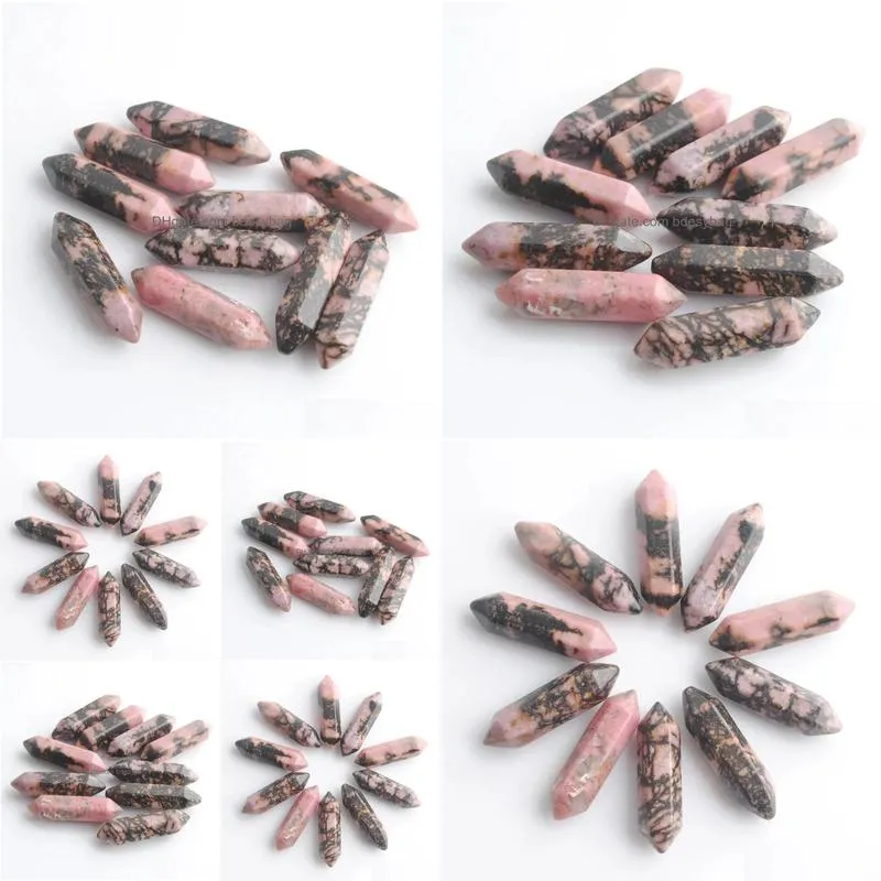 wholesale loose gemstones hexagonal healing pointed reiki chakra natural rhodonite stone 30x8mm no drilling hole pendant beads u3313