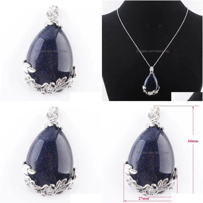 natural gem stone pendant teardrop blue sand love beads reiki chakra healing pendant necklace chain jewelry n3472