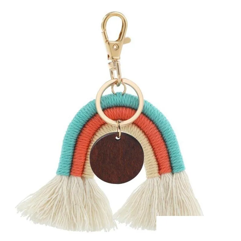 bohemian tassel keychain pendant diy wood chip rainbow braided woven keychain luggage decoration key chain keyring creative gift