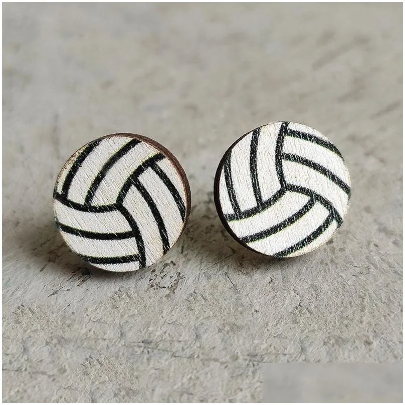sports baseball stud earrings creative rugby football volleyball basketball wooden earrings fashion jewelry accessories