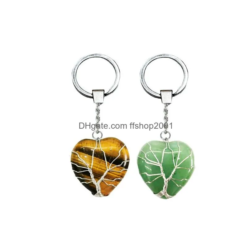 life tree natural crystal stone keychain pendant heart keychains creative friendship gift key chains