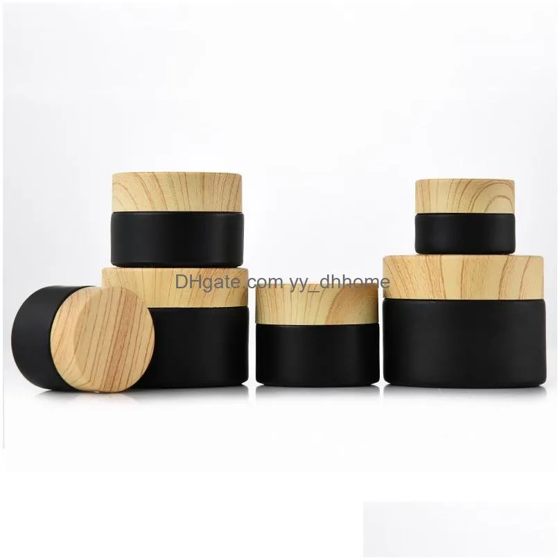 black frosted glass jars cosmetic jar packing bottles with woodgrain plastic lids pp liner 5g 10g 15g 20g 30g 50g