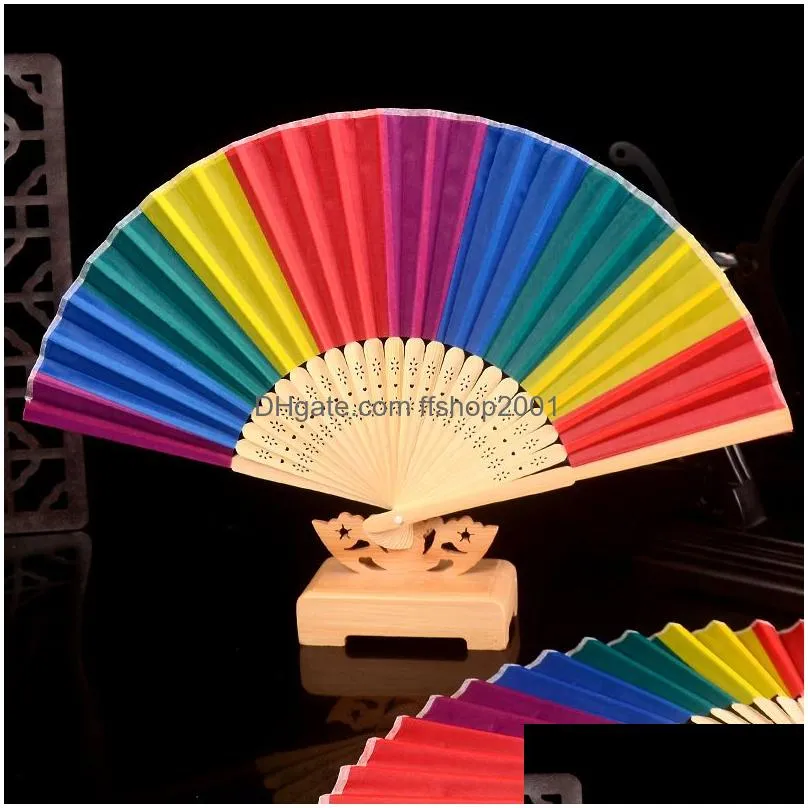 fashion rainbow folding fan crafts bamboo silk cloth fan festival decoration stage performance dance fans 38x21cm